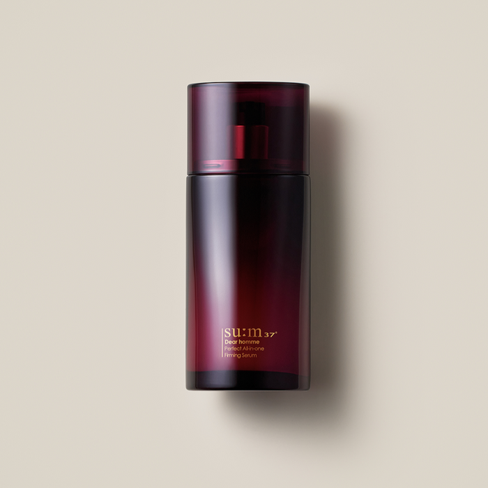 SU:M37 Dear Homme Perfect All-in-One Firming Serum 110ml displayed in dark red bottle for men by Gentleman Korea, premium Korean skincare product