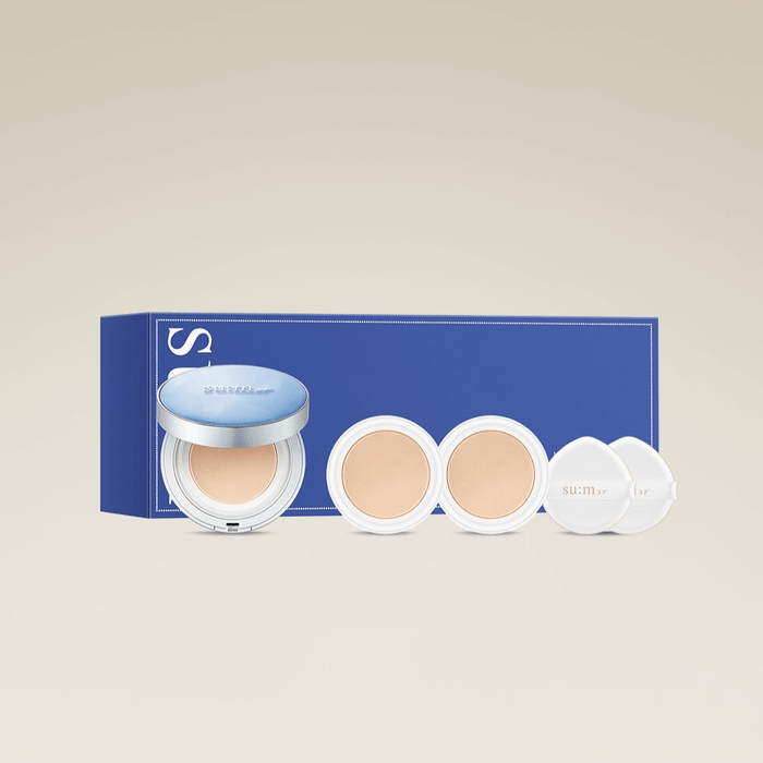 SU:M37 Water-full mesh cushion glow set 01 with blue packaging and open compact showcasing cushion foundation.