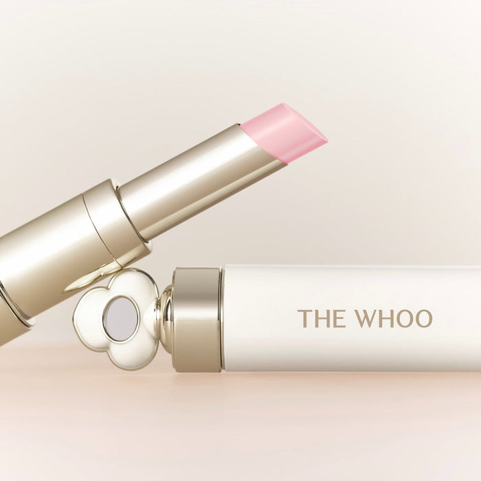 THE WHOO Essentail Lip Glow Balm in elegant packaging, highlighting its smooth texture and luxurious design.