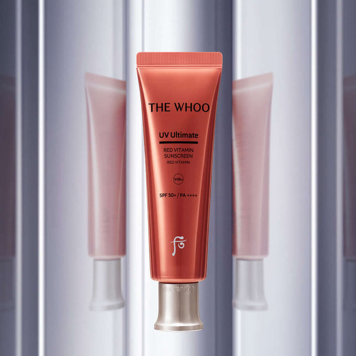 THE WHOO UV Ultimate Red Vitamin Sunscreen 50ml product image with red packaging and SPF details reflected on glossy surface.