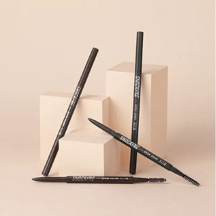 TONY MOLY The Shocking Vegan Brow Sharp Slim pencils displayed on beige background.