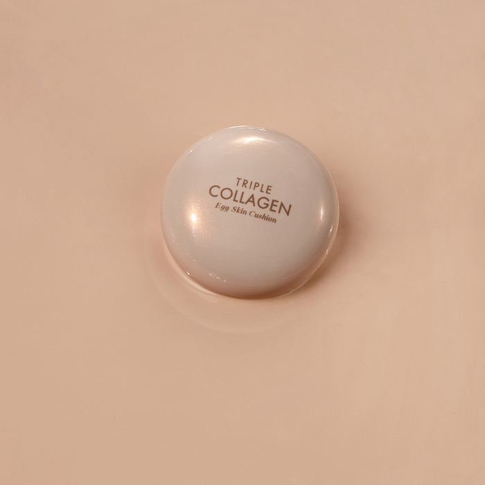TONY MOLY Triple Collagen Egg Skin Cushion in minimalist white compact, enhancing skin with triple collagen benefits.