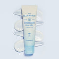 TONYMOLY Mild Blue Agave Soothing Sun gel 50ml with moisturizing and soothing properties, displayed with texture swatches.