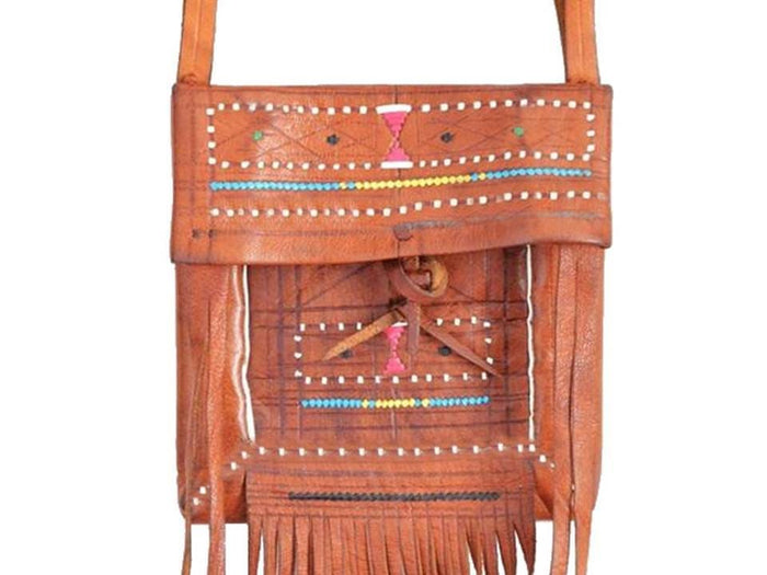 Tuareg Leather Purse - Brown Caramel - Embroidered