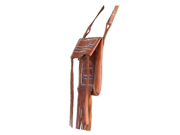 Tuareg Leather Purse - Brown Caramel - Embroidered - Profil