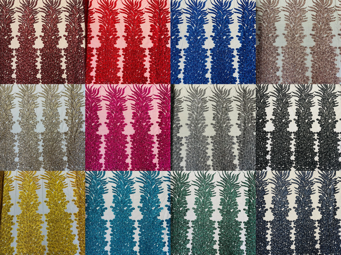 Vegas Peacock Feathers  3D Beaded Embroidery On a Mesh Lace Fabric Sequins Prom Dress (Choose The Panels)
