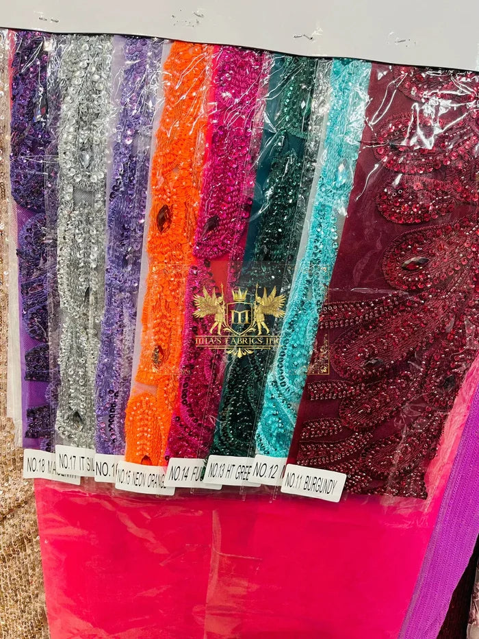 Vegas Peacock Feathers  3D Beaded Embroidery On a Mesh Lace Fabric Sequins Prom Dress (Choose The Panels)