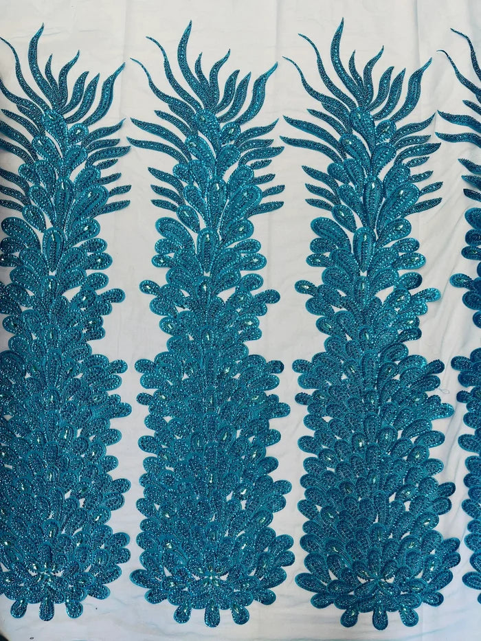Vegas Peacock Feathers  3D Beaded Embroidery On a Mesh Lace Fabric Sequins Prom Dress (Choose The Panels)
