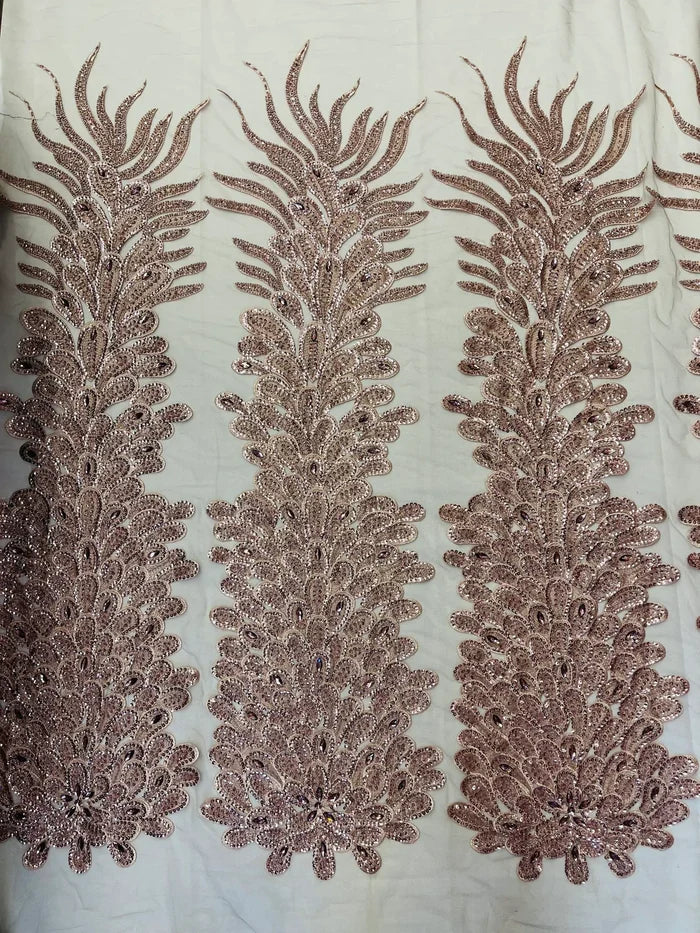 Vegas Peacock Feathers  3D Beaded Embroidery On a Mesh Lace Fabric Sequins Prom Dress (Choose The Panels)