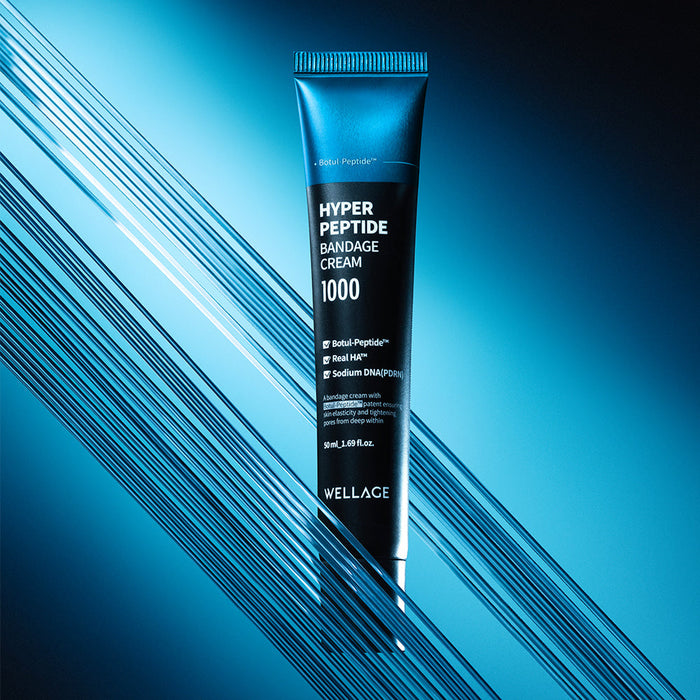 WELLAGE Hyper Peptide Bandage Cream 50ml tube on blue background