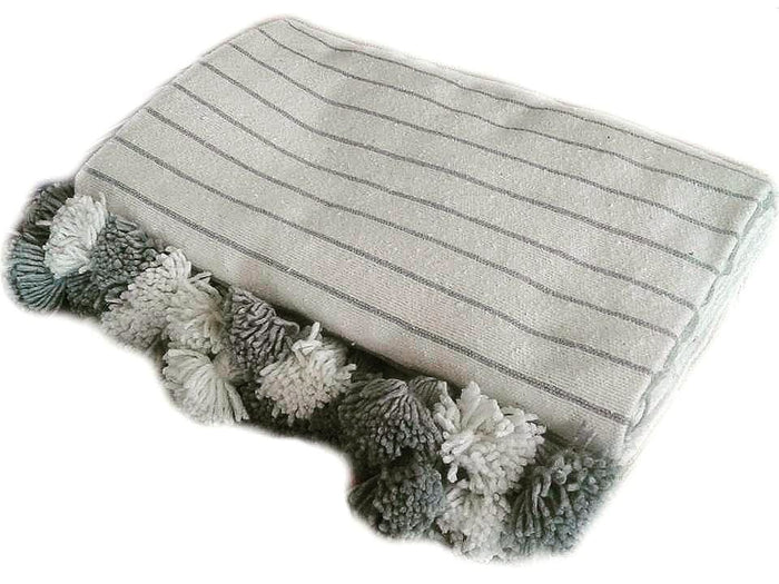 Moroccan Handloomed Pom Pom Blanket - Grey And Ivory White Striped Pompom Blanket | Moroccan Corridor