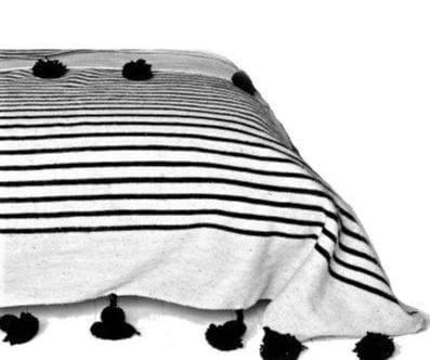 Moroccan Handloomed Pom Pom Blanket - Black And Ivory White Striped Pompom Blanket | Moroccan Corridor