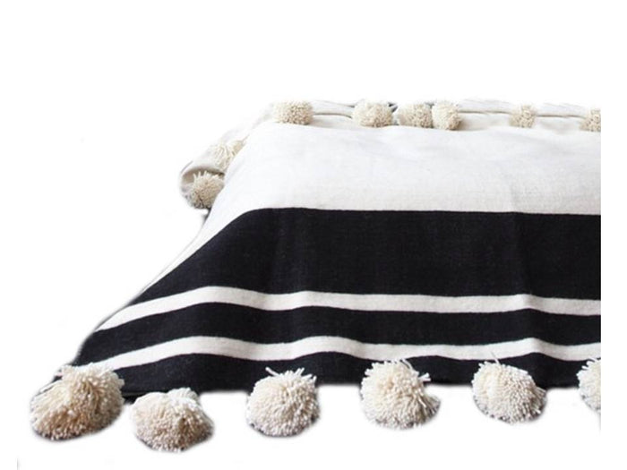 White with Large Black Stripes Pom Blanket - Chama